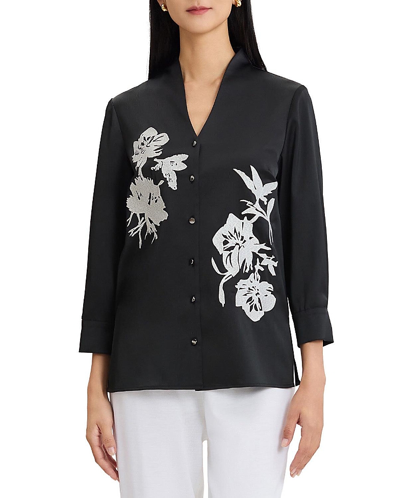 Misook Embroidered Crepe de Chine Blouse