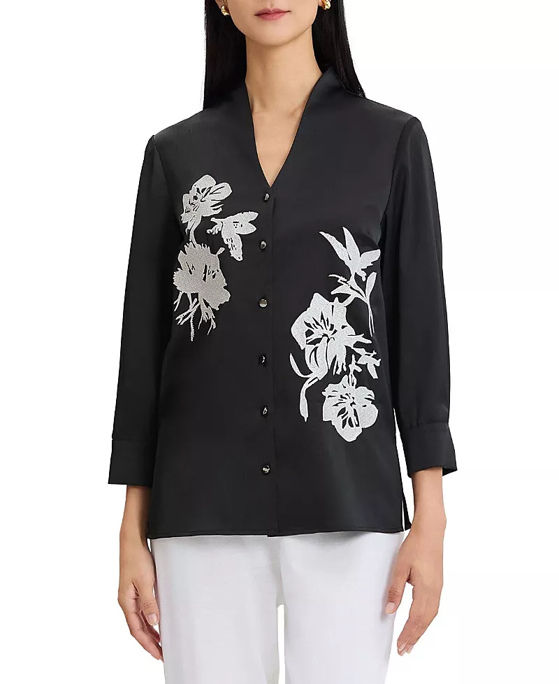Misook Embroidered Crepe de Chine Blouse
