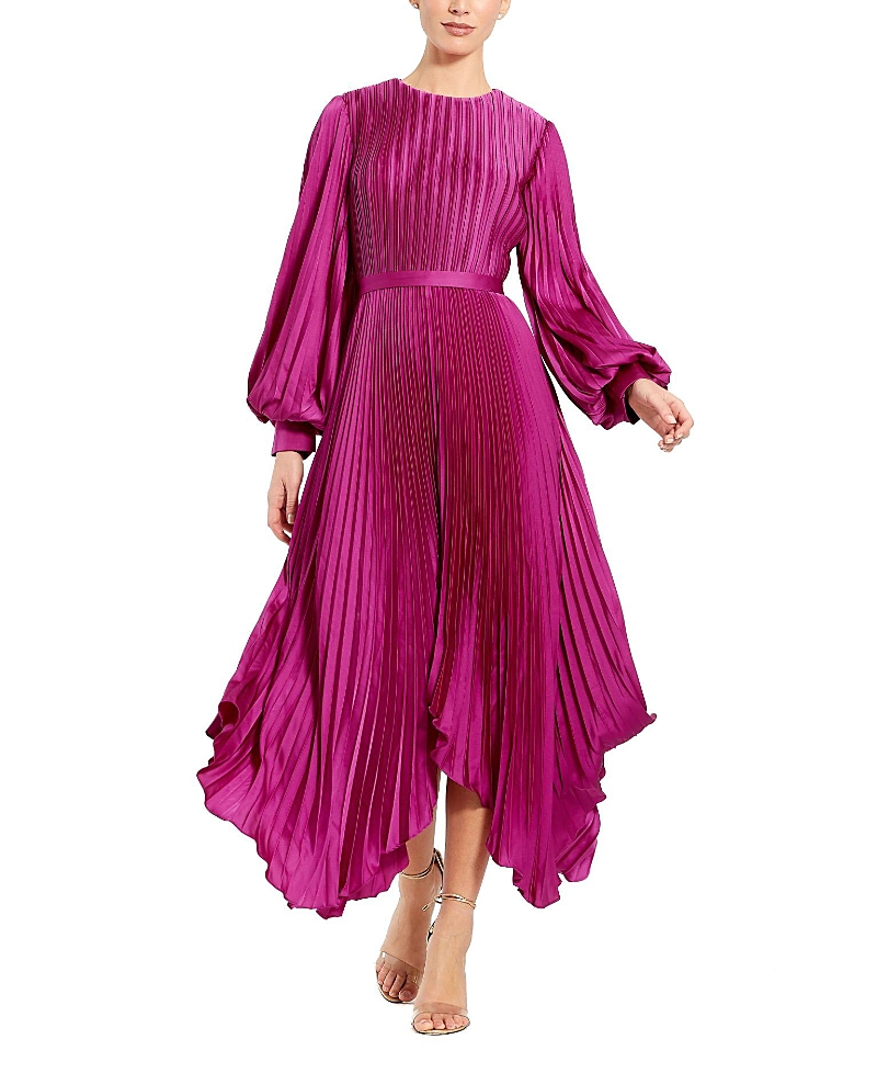 Mac Duggal Petite Long Sleeve Pleated Charmeuse Handkerchief Dress