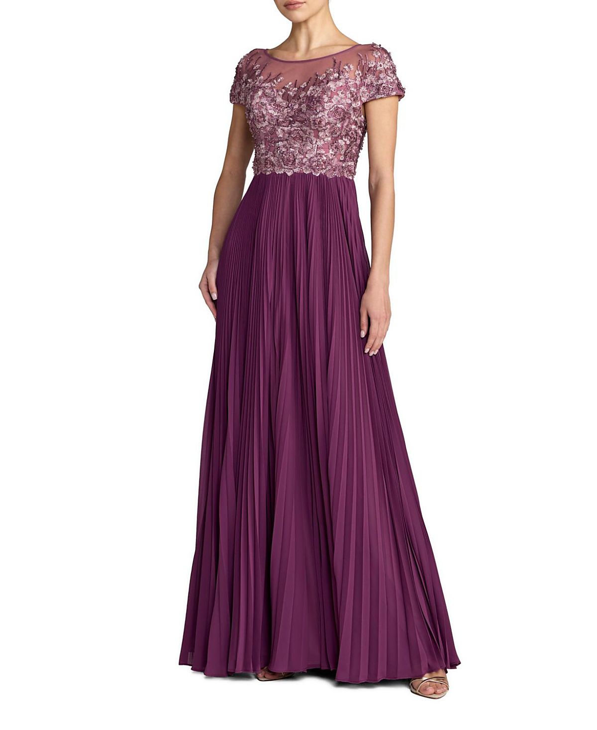 Mac Duggal Embroidered Cap Sleeve Pleated Gown
