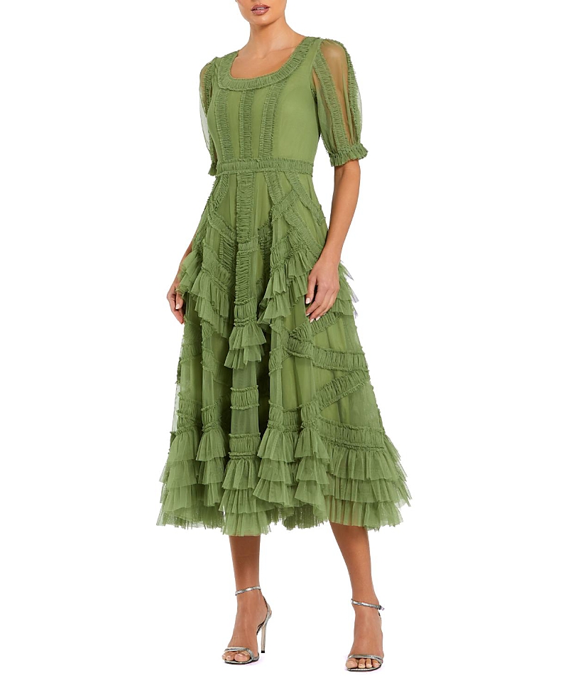 Mac Duggal Petite Short Sleeve Mesh Mirco Ruffle Midi Dress