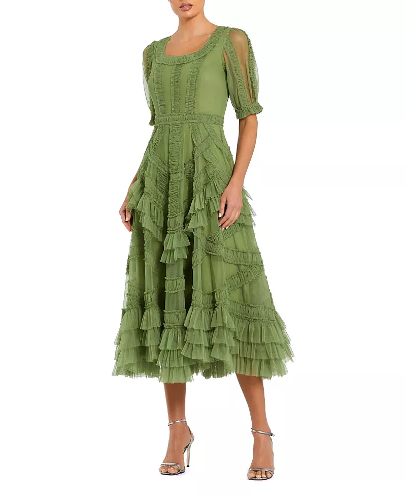 Mac Duggal Petite Short Sleeve Mesh Mirco Ruffle Midi Dress