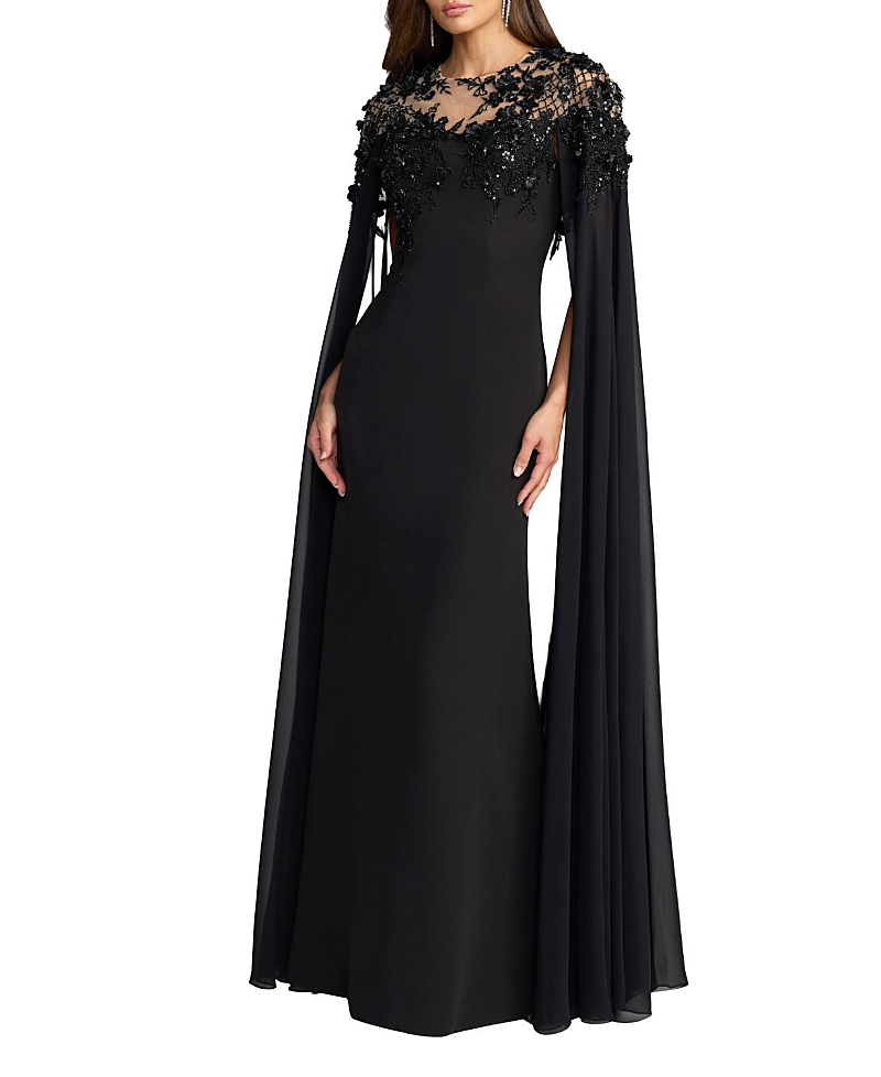 Mac Duggal Floral Embellished Crepe Gown With Chiffon Cape