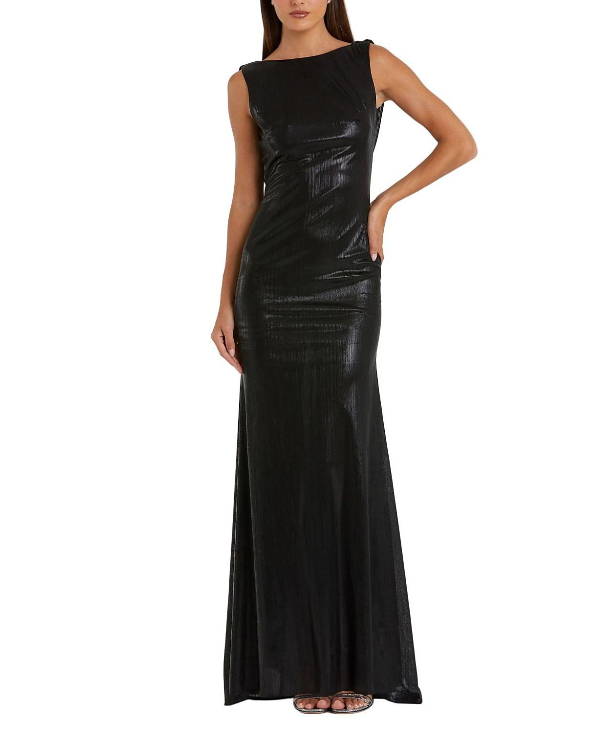 Mac Duggal Petite Metallic Jersey Cowl Back Column Gown