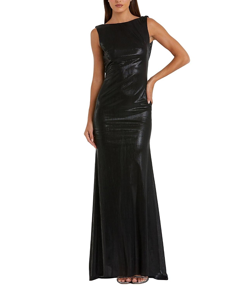 Mac Duggal Petite Metallic Jersey Cowl Back Column Gown