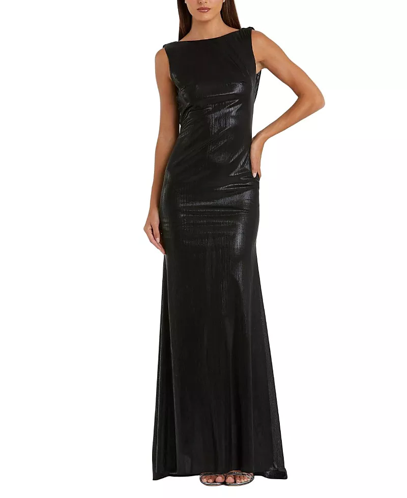 Mac Duggal Petite Metallic Jersey Cowl Back Column Gown