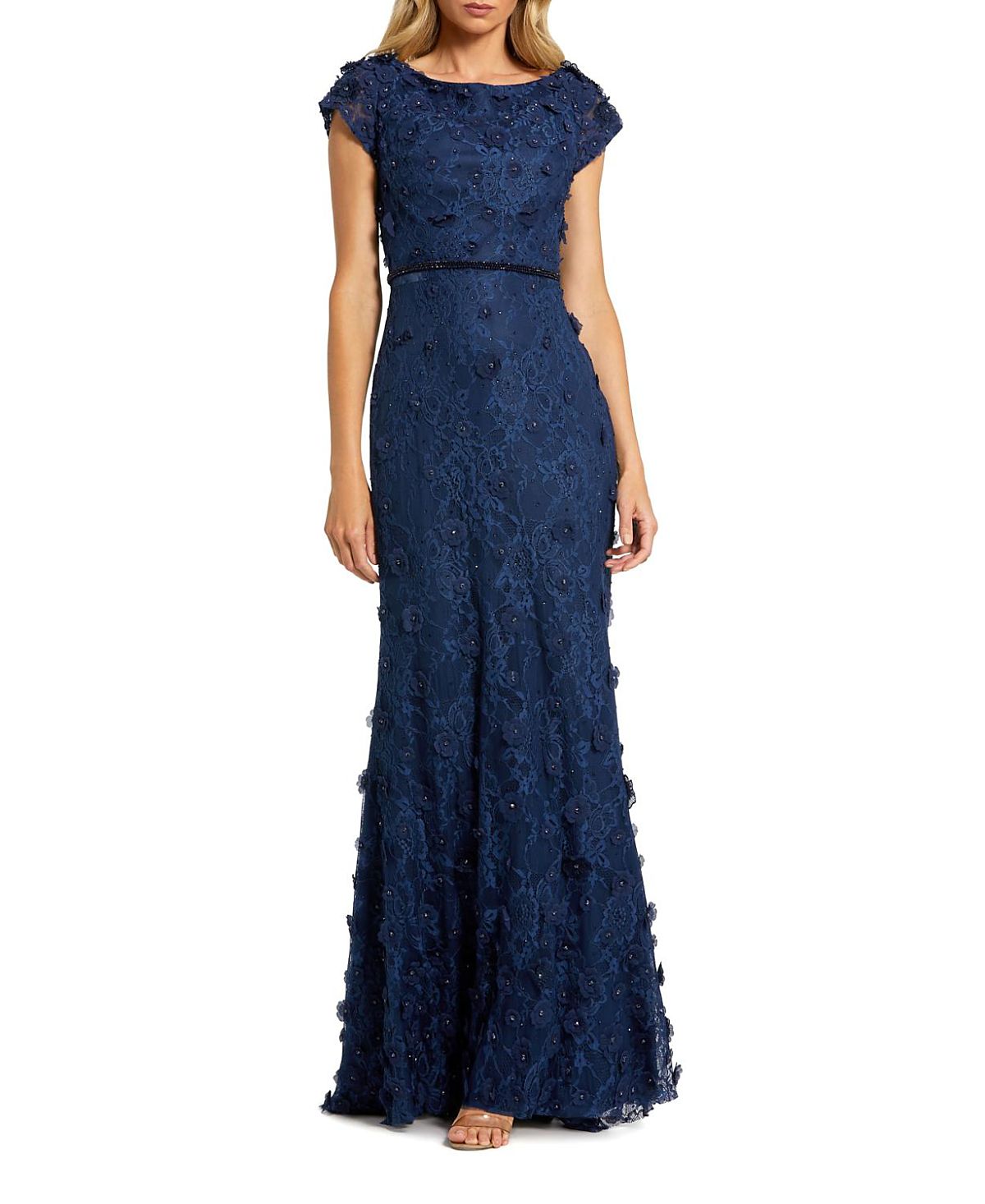 Mac Duggal Petite Blue Floral Applique Boat Neck Cap Sleeve Gown