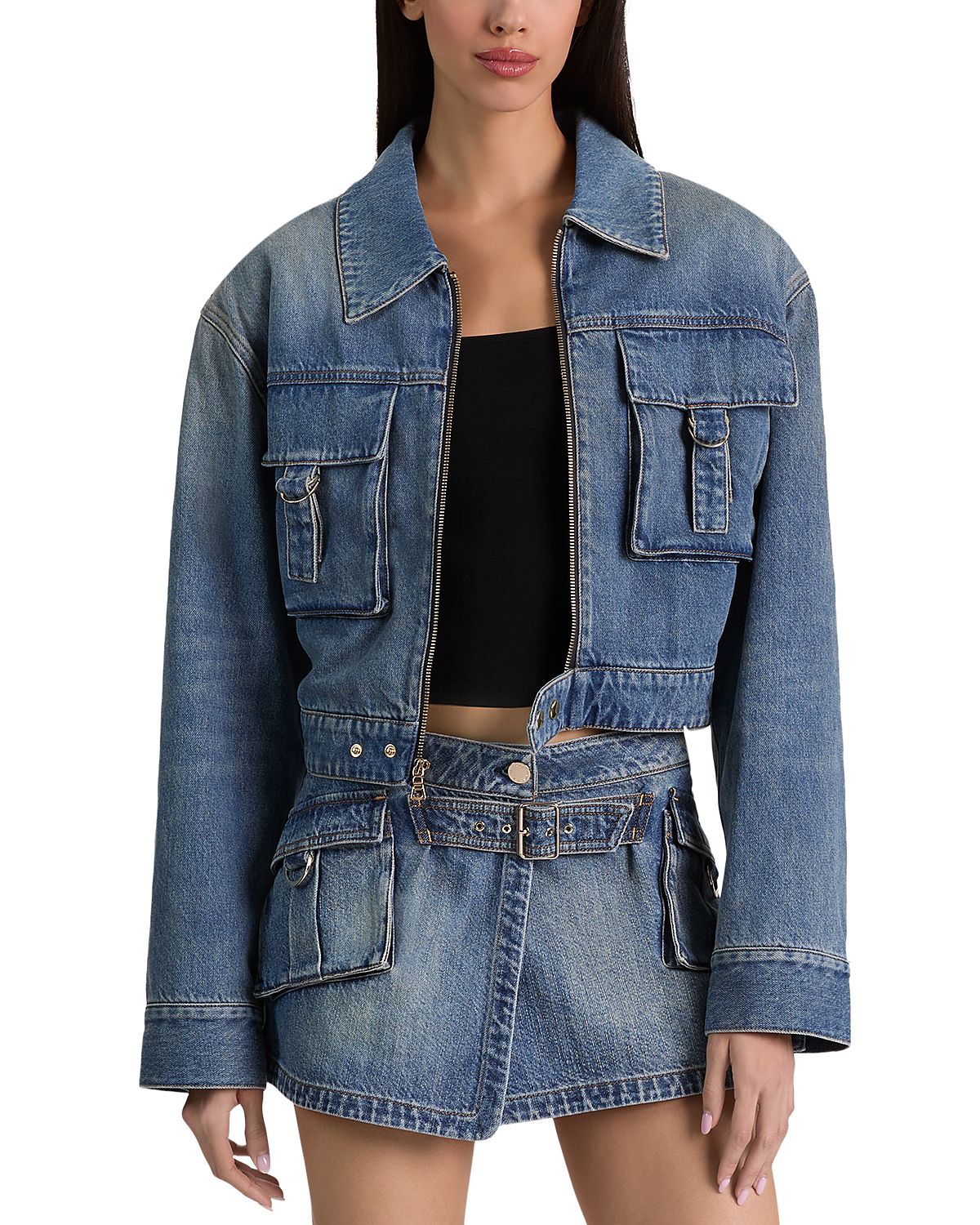 Alice and Olivia Leroy Cropped Denim Aviator Jacket