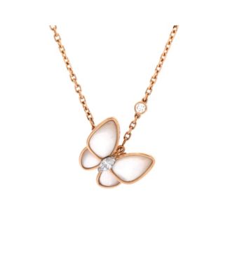  Two Butterfly Pendant Necklace 18K Rose Gold with Mother of Pearl and Diamonds, 16.25"