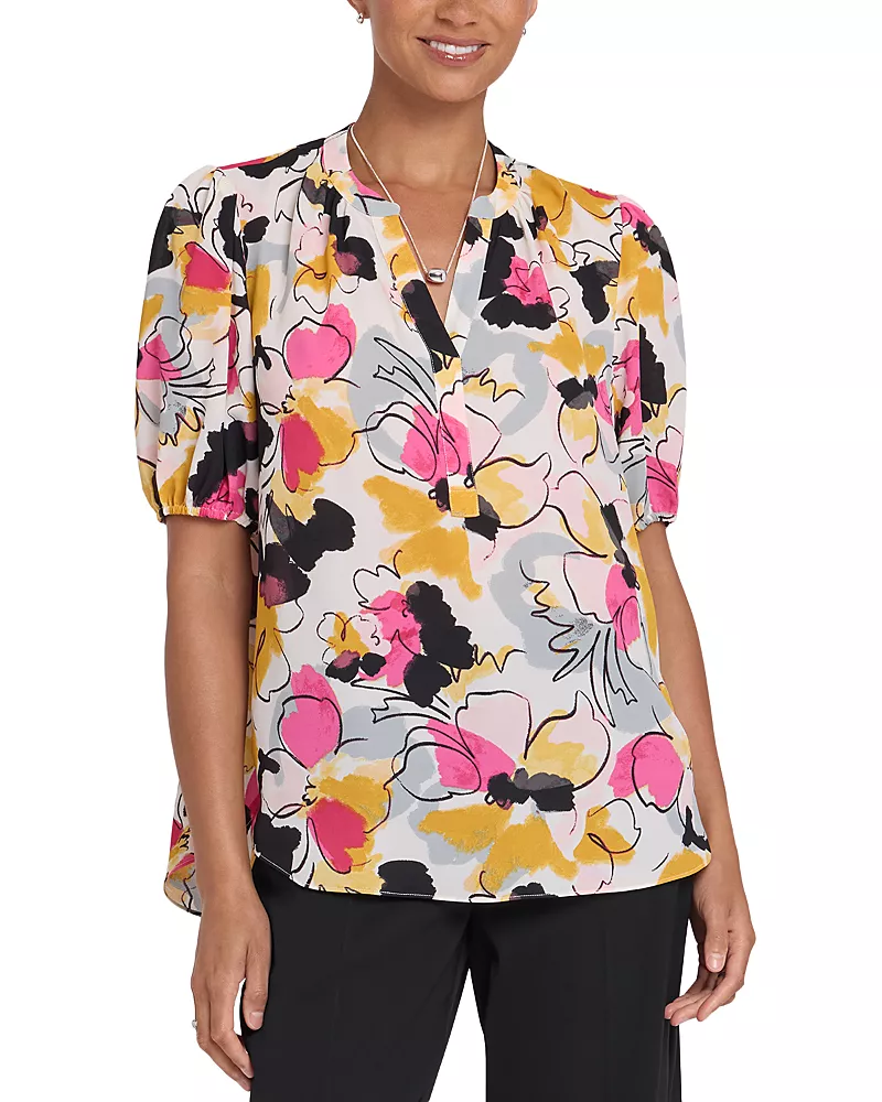 Nydj Floral Split Neck Draped Top