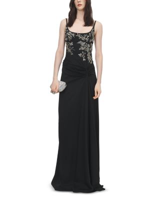 Bead & Crystal Floral Embroidery Draped Gown