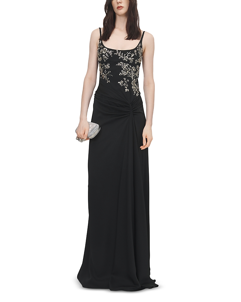 McQueen Bead & Crystal Floral Embroidery Draped Gown