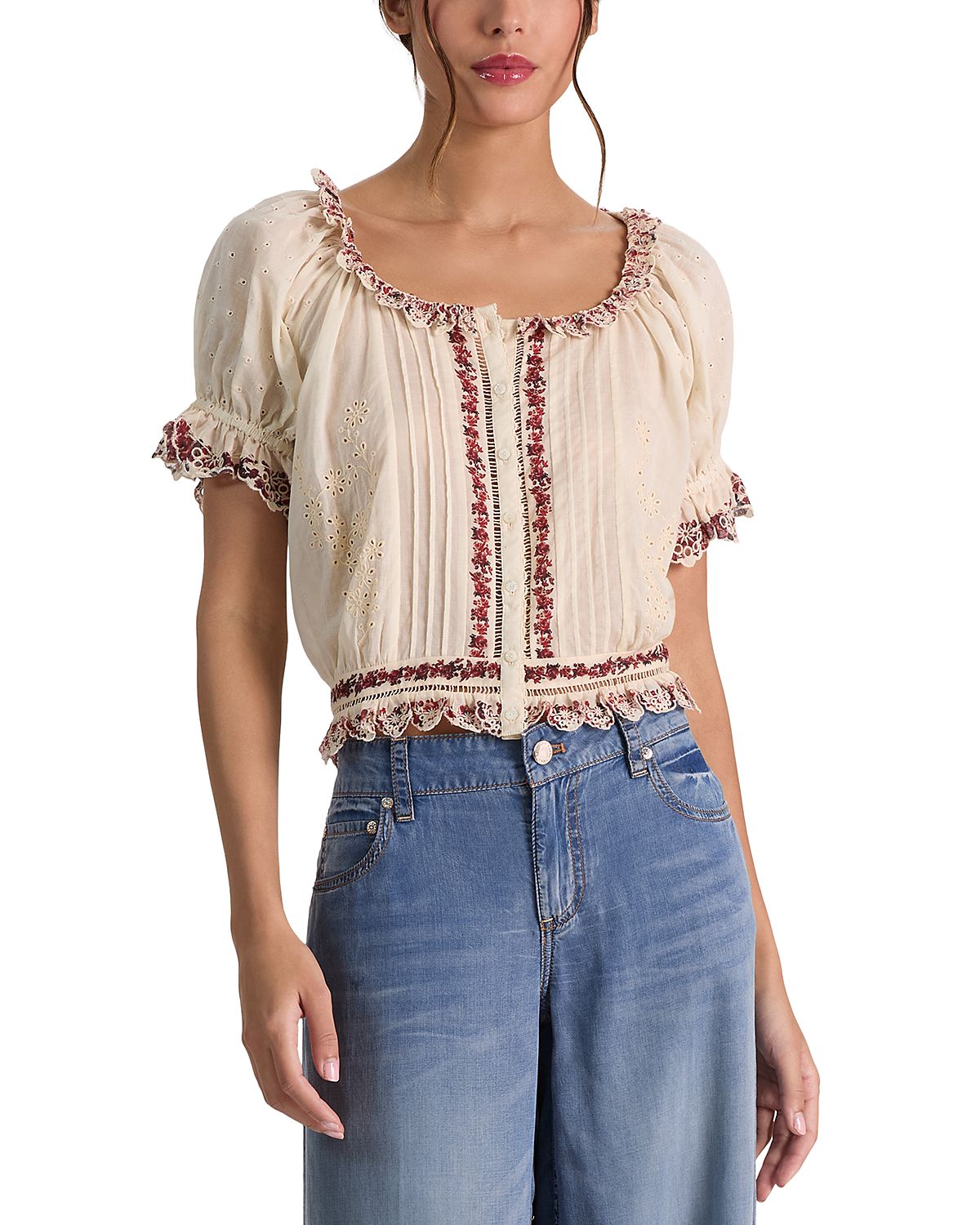 Alice and Olivia Mclaine Embroidered Puffed Sleeve Top
