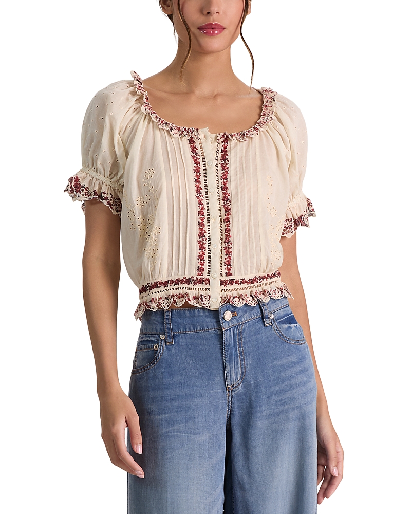 Alice and Olivia Mclaine Embroidered Puffed Sleeve Top