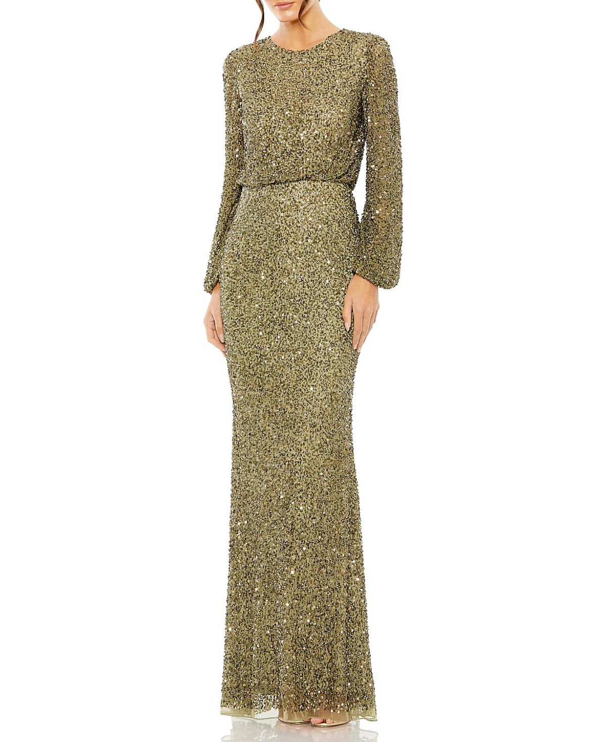 Mac Duggal High Neck Long Sleeve Beaded Blouson Gown