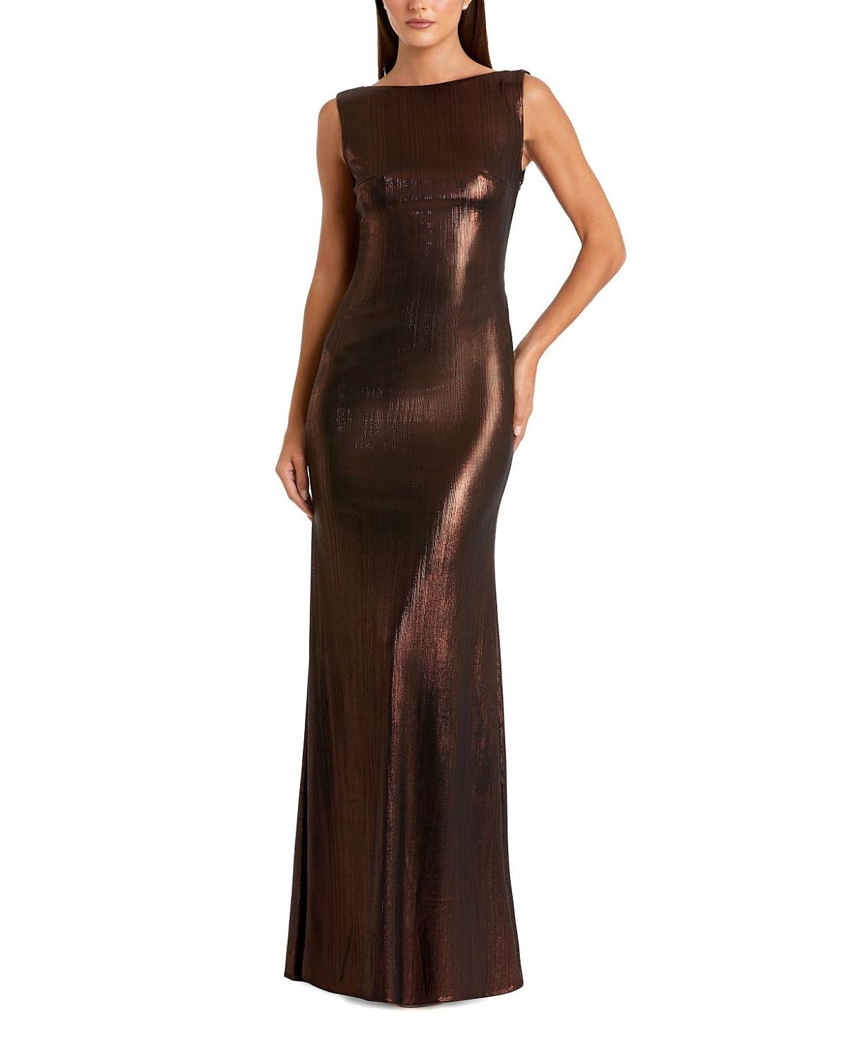 Mac Duggal Petite Metallic Jersey Cowl Back Column Gown