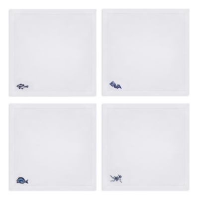 Marine Motif Embroidered Linen Cocktail Napkins, Set of 4