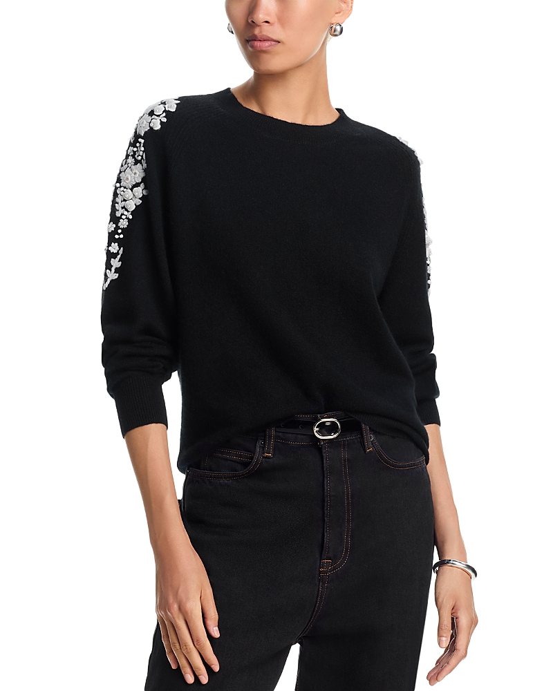 C by Bloomingdale's Cashmere Embellished Embroidered Floral Crewneck Cashmere Sweater - Exclusive