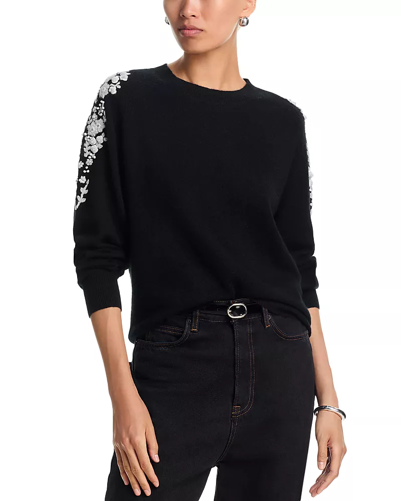 C by Bloomingdale's Cashmere Embellished Embroidered Floral Crewneck Cashmere Sweater - Exclusive