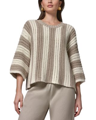 Striped Pointelle Knit Elbow Sleeve Sweater