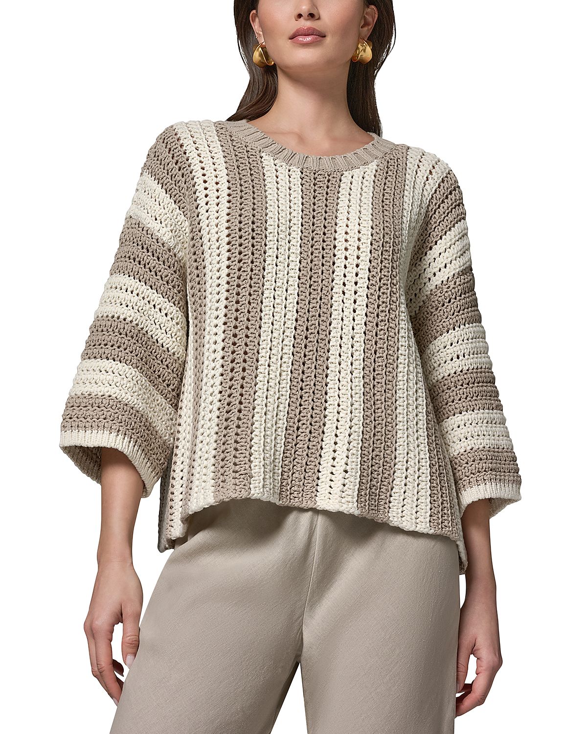 Donna Karan Striped Pointelle Knit Elbow Sleeve Sweater