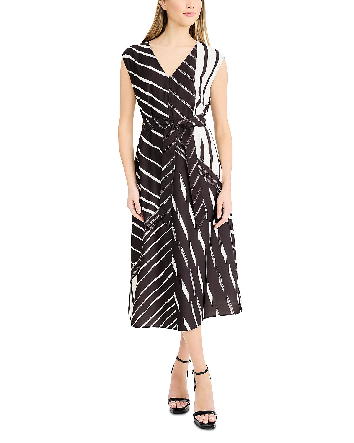 Luxely Printed Tie Waist V Neck Midi Dress