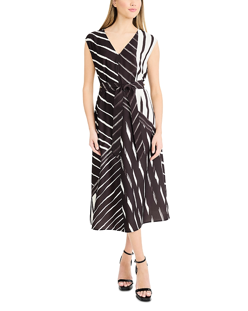 Luxely Printed Tie Waist V Neck Midi Dress