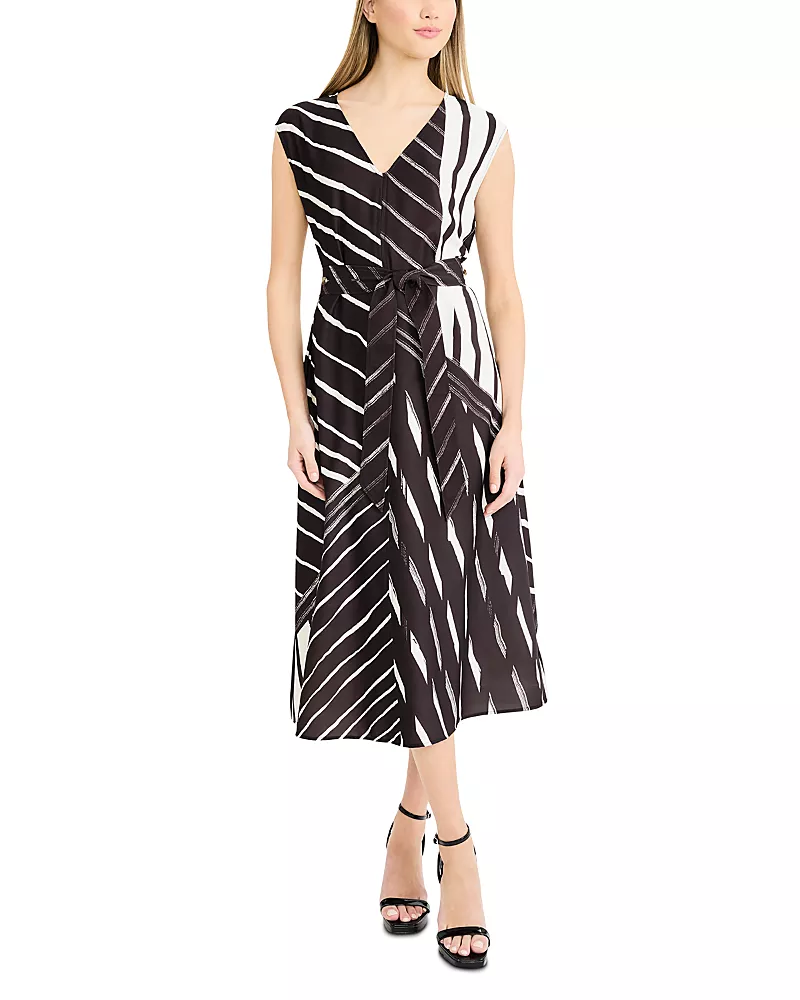 Luxely Printed Tie Waist V Neck Midi Dress