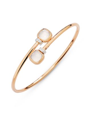  18K White & Rose Gold Nudo Milky Quartz & Diamond Bypass Bangle Bracelet