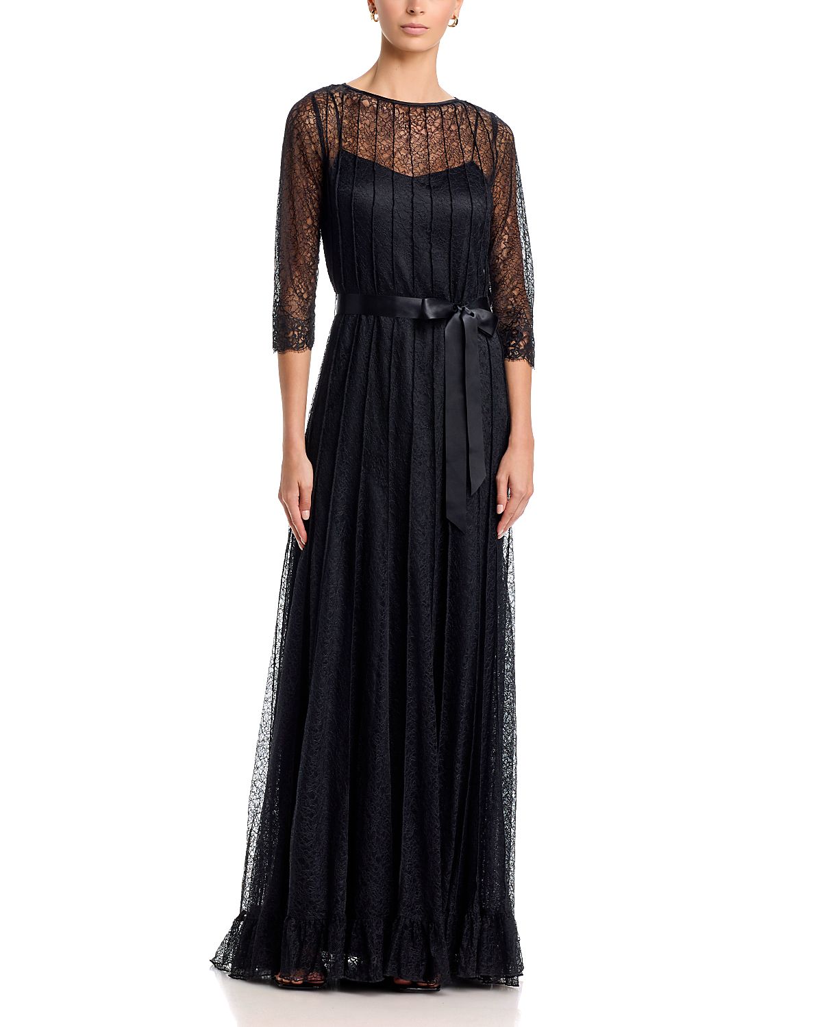 Teri Jon by Rickie Freeman Lace Pintuck Ruffle Hem Gown,