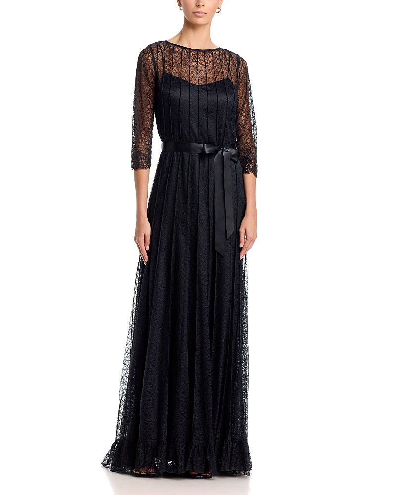 Teri Jon by Rickie Freeman Lace Pintuck Ruffle Hem Gown