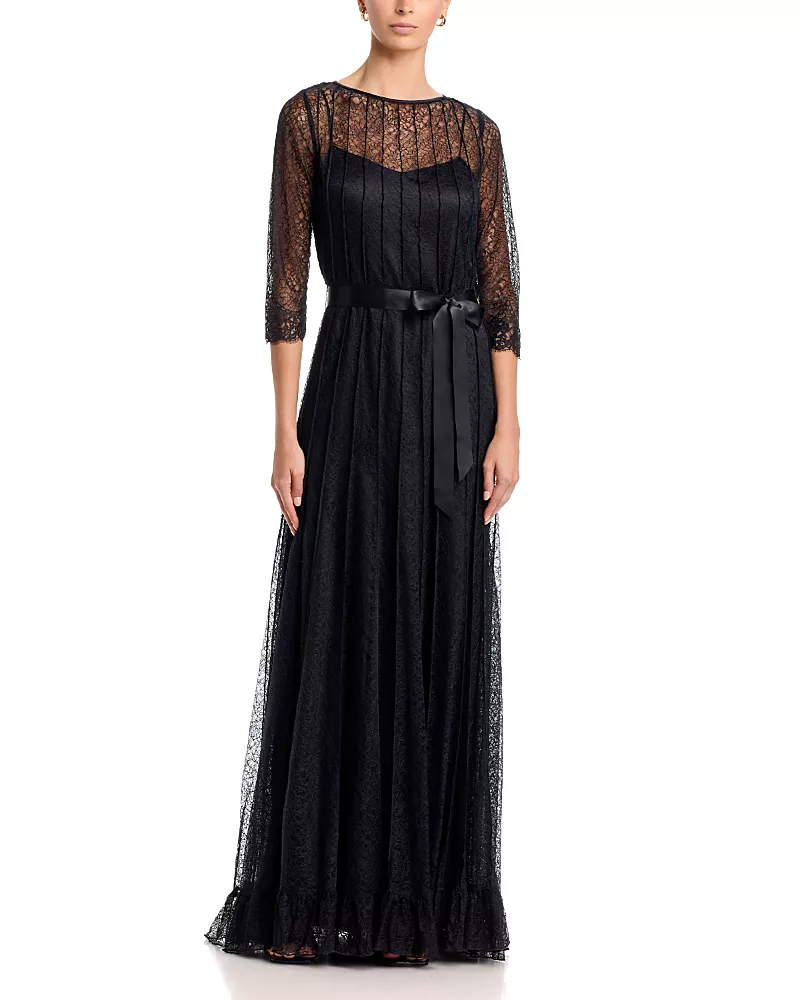 Teri Jon by Rickie Freeman Lace Pintuck Ruffle Hem Gown