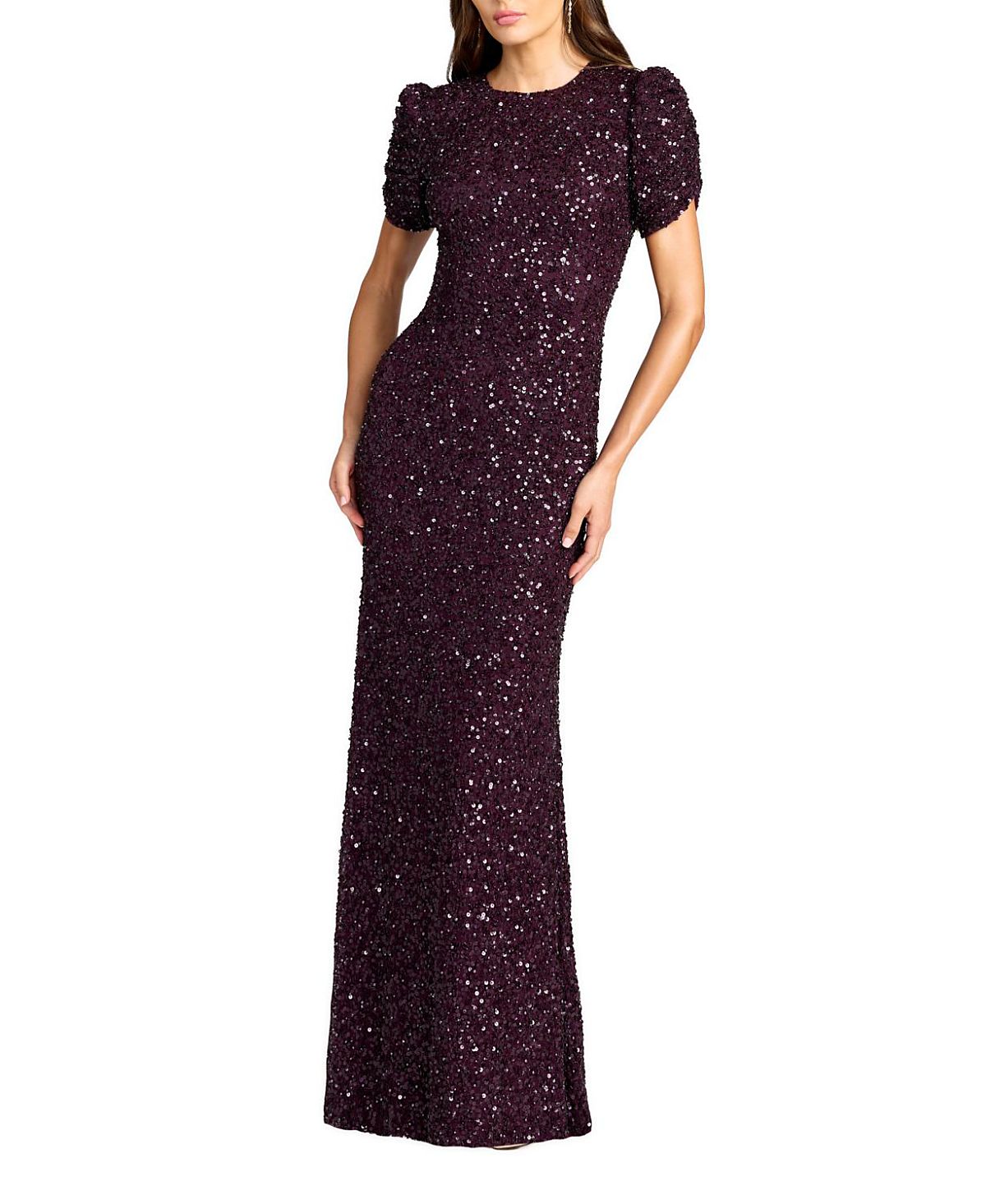 Mac Duggal Gathered Short Sleeve Beaded Gown