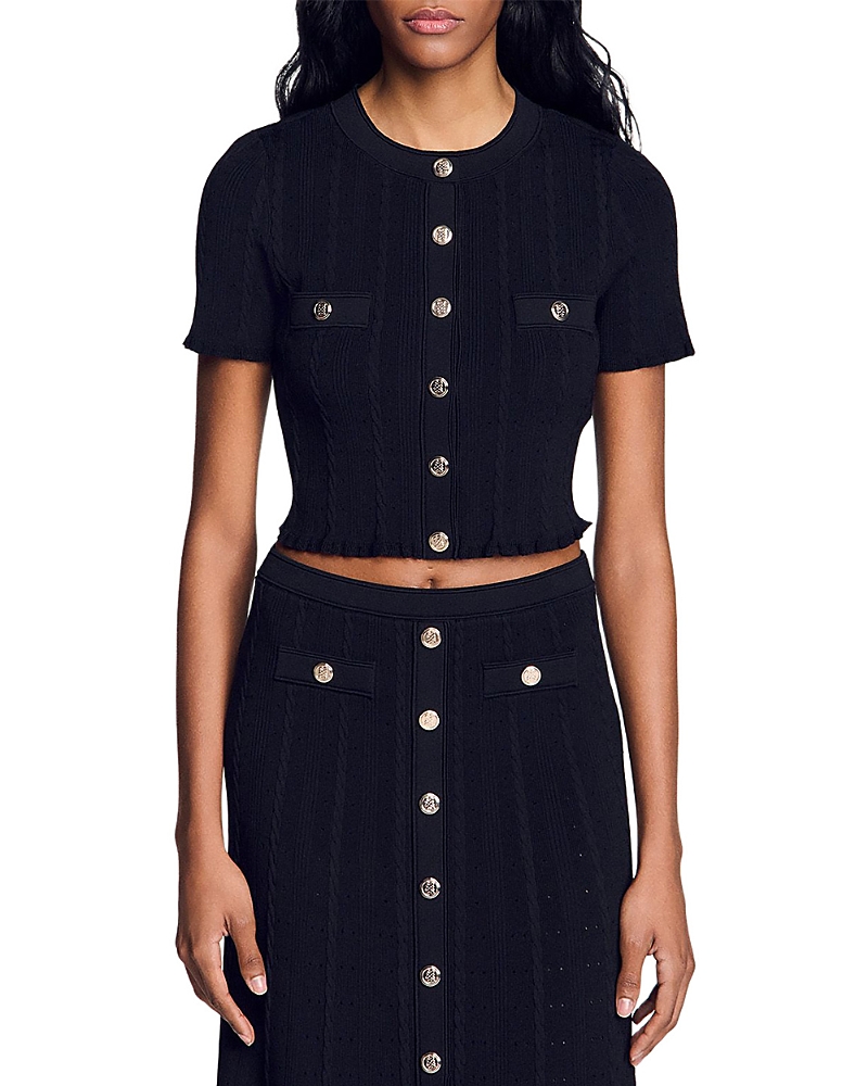 Sandro Cropped Pointelle Knit Cardigan