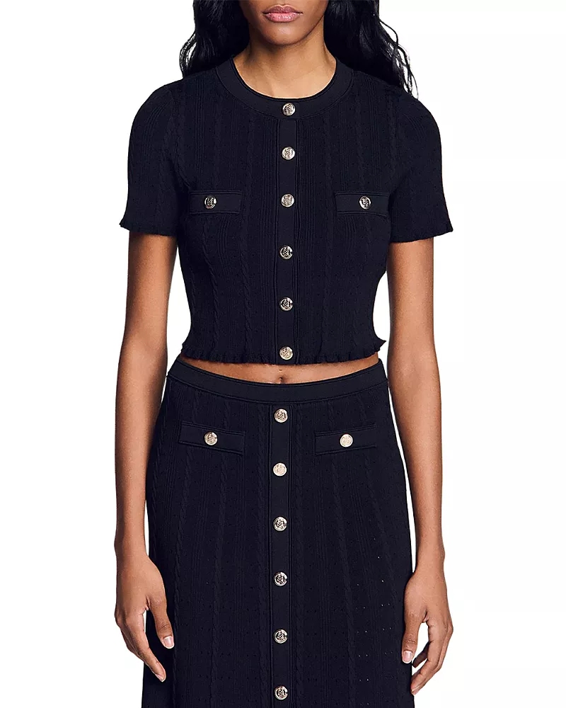 Sandro Cropped Pointelle Knit Cardigan