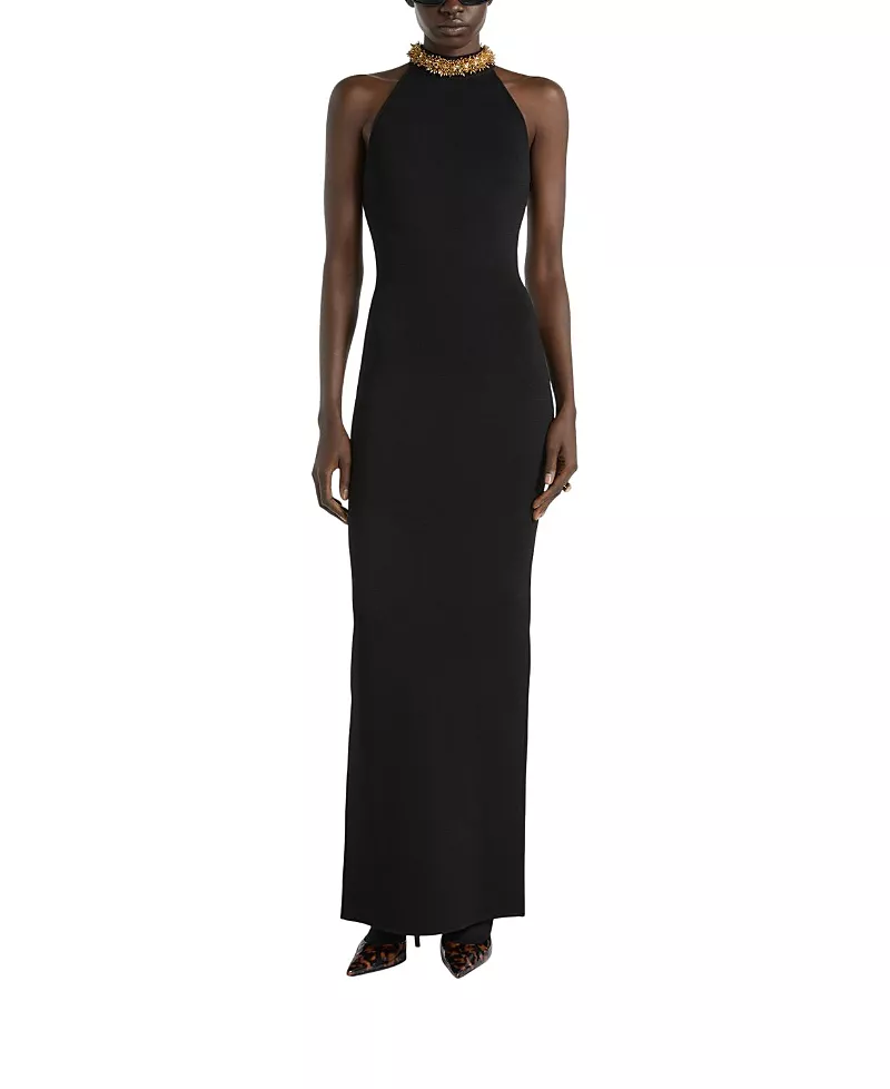 Balmain Long Milano Jersey Dress with Embroidery