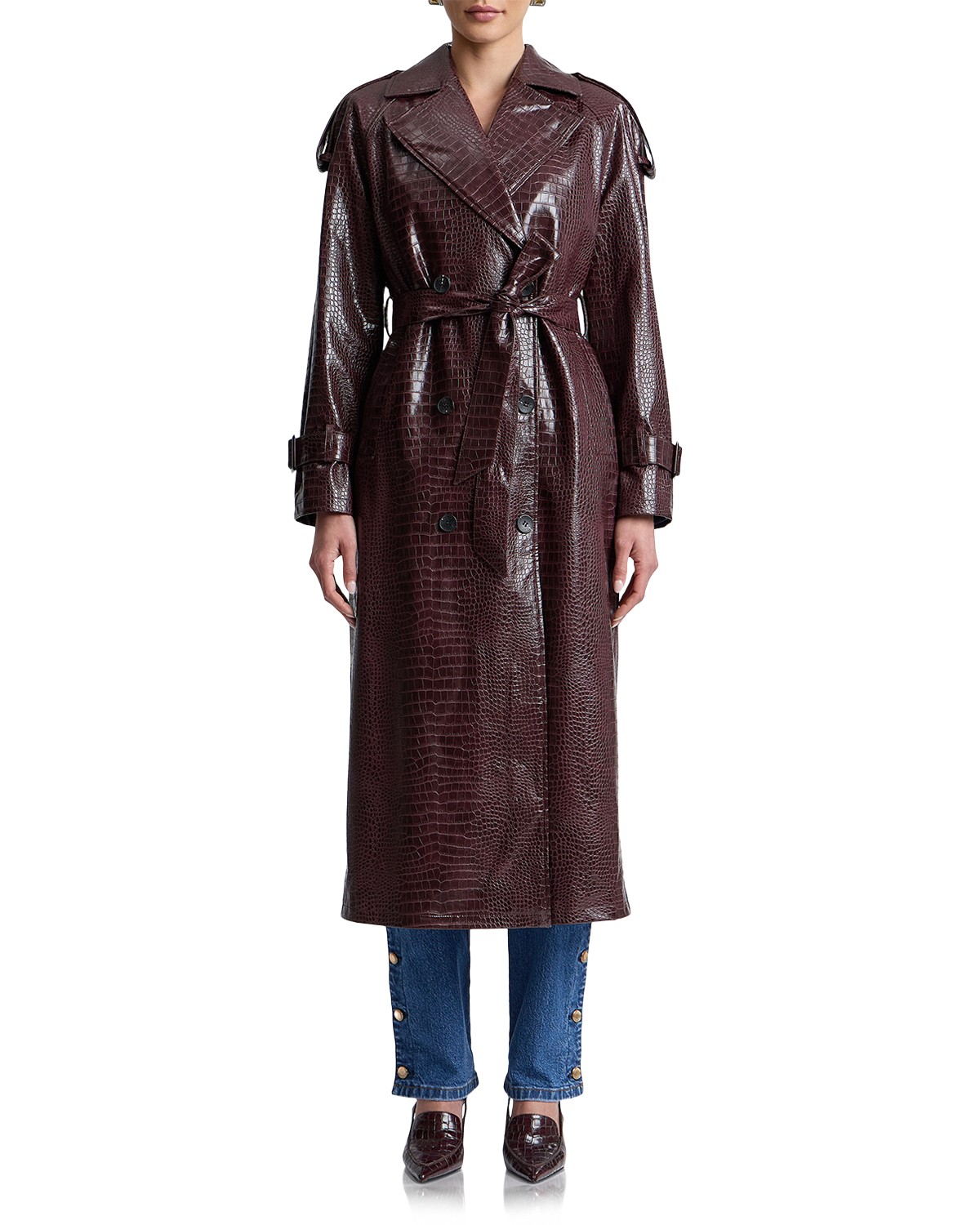Faux Leather Belted Maxi Trench Coat