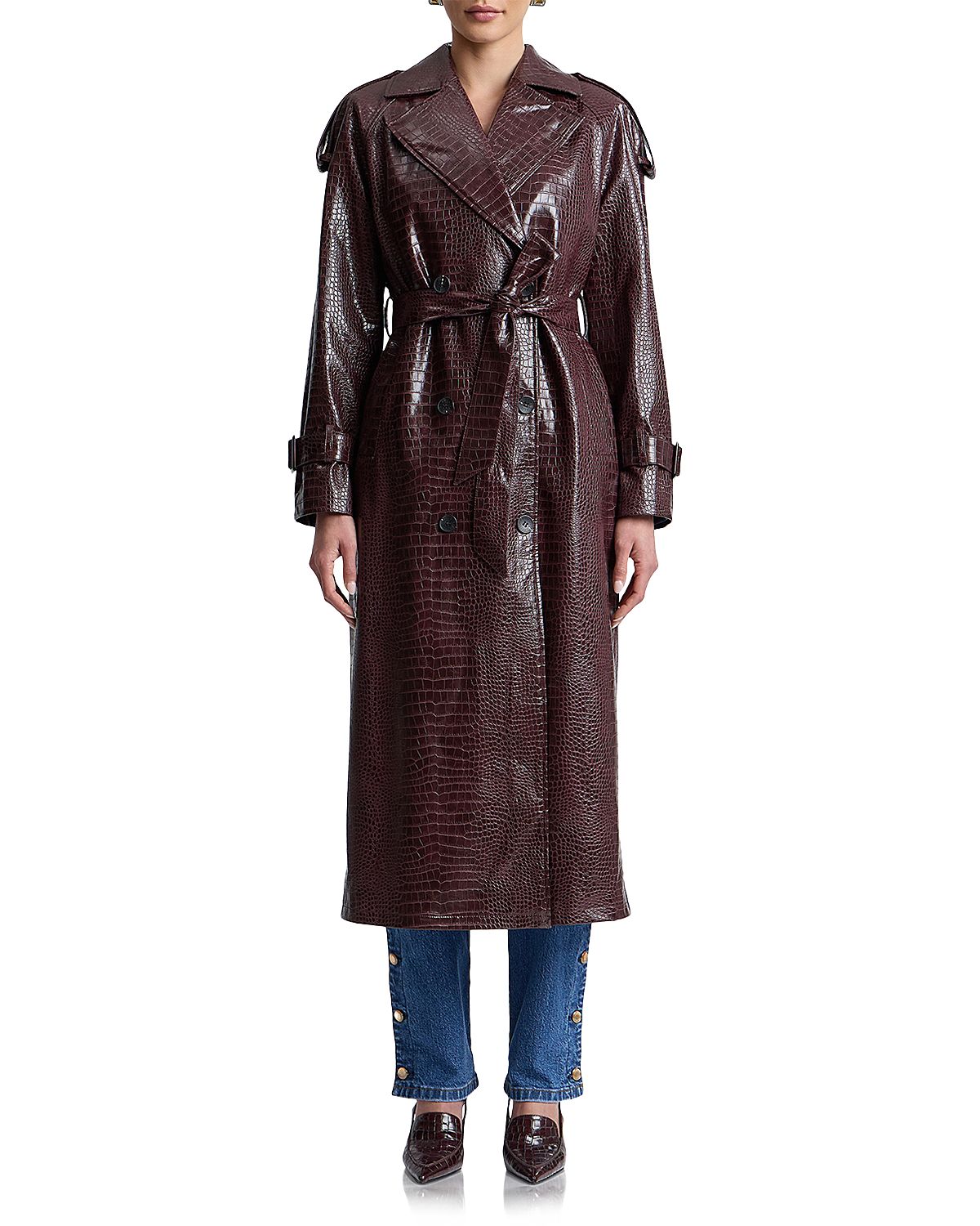 Avec Les Filles Faux Leather Belted Maxi Trench Coat