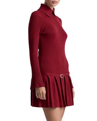 Belted Drop Waist Pleated Sweater Dress - thumbnail 5