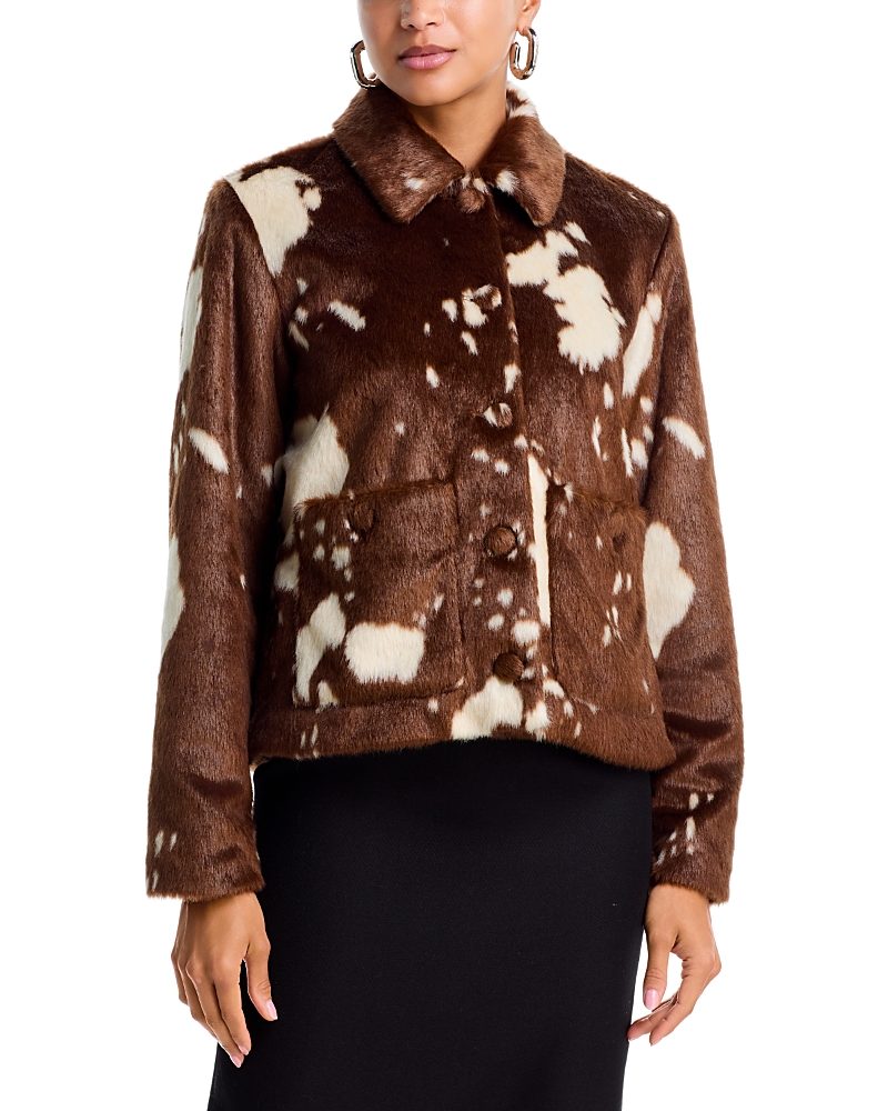 Aqua Cow Printed Faux Fur Jacket - Exclusive