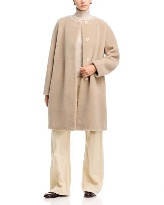 Collarless Wool-Blend Teddy Long Coat