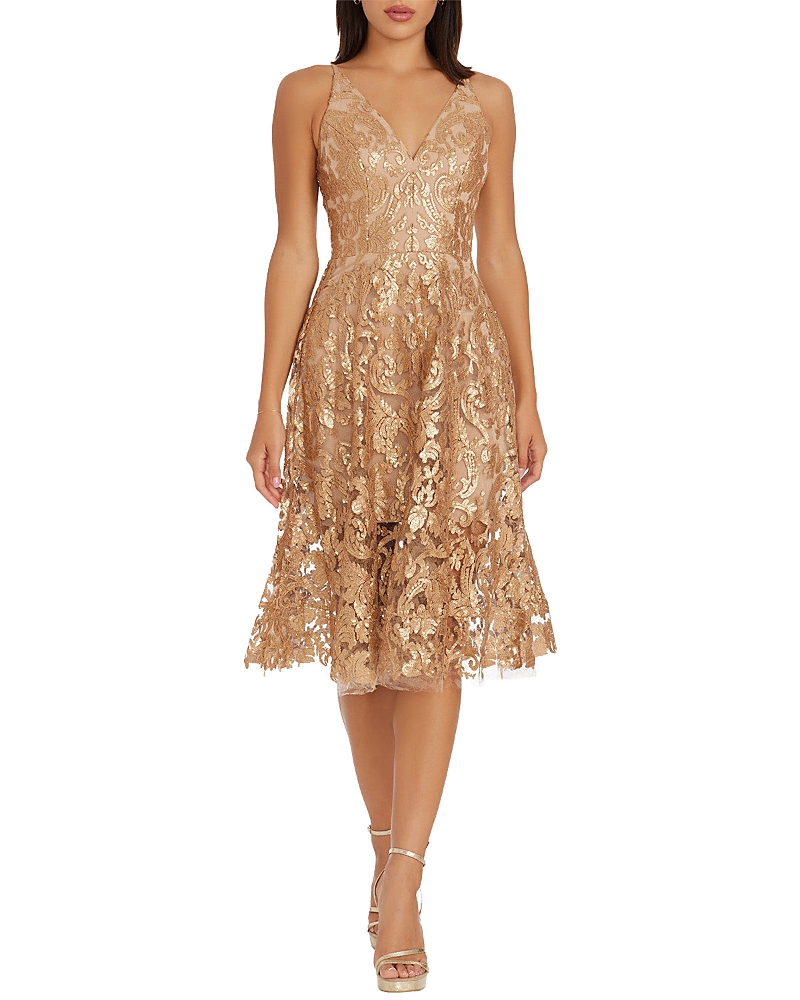 Dress the Population Blair Plunge V-Neck Sequin Lace Midi Dress
