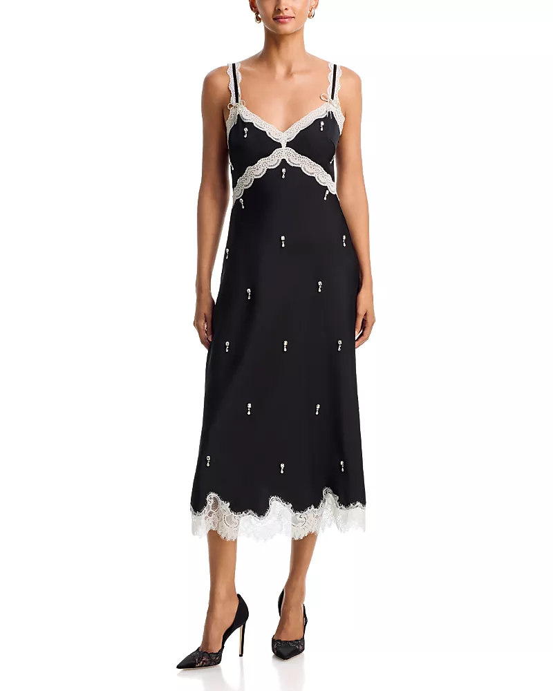 Aqua Lace Trim Crystal Embellished Slip Dress - Exclusive