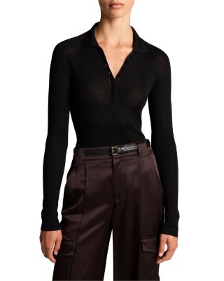 Wool Silk Ribbed Raglan Polo Top
