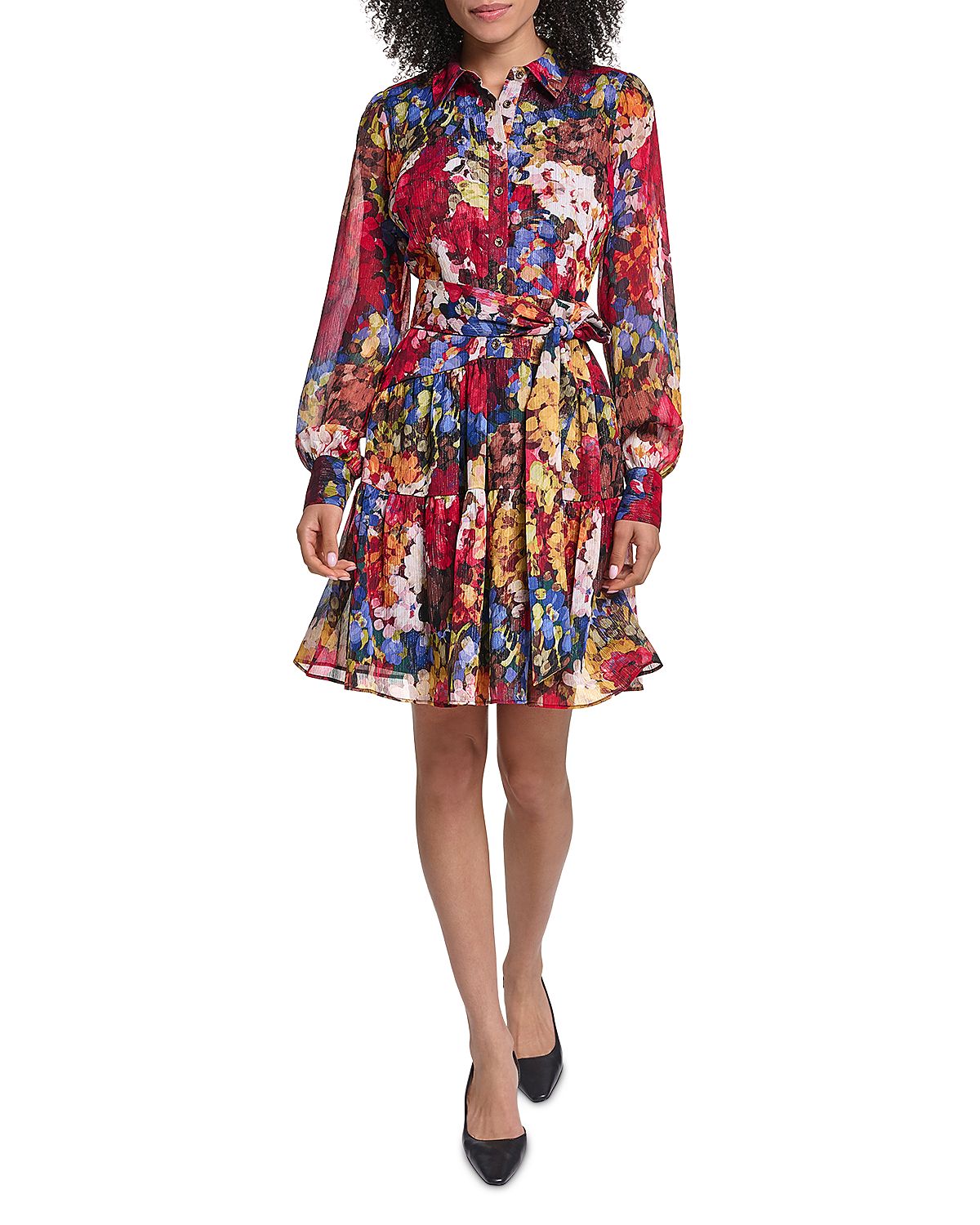 Karl Lagerfeld Paris Floral Print Long Sheer Sleeve Tie Waist Shirt Dress