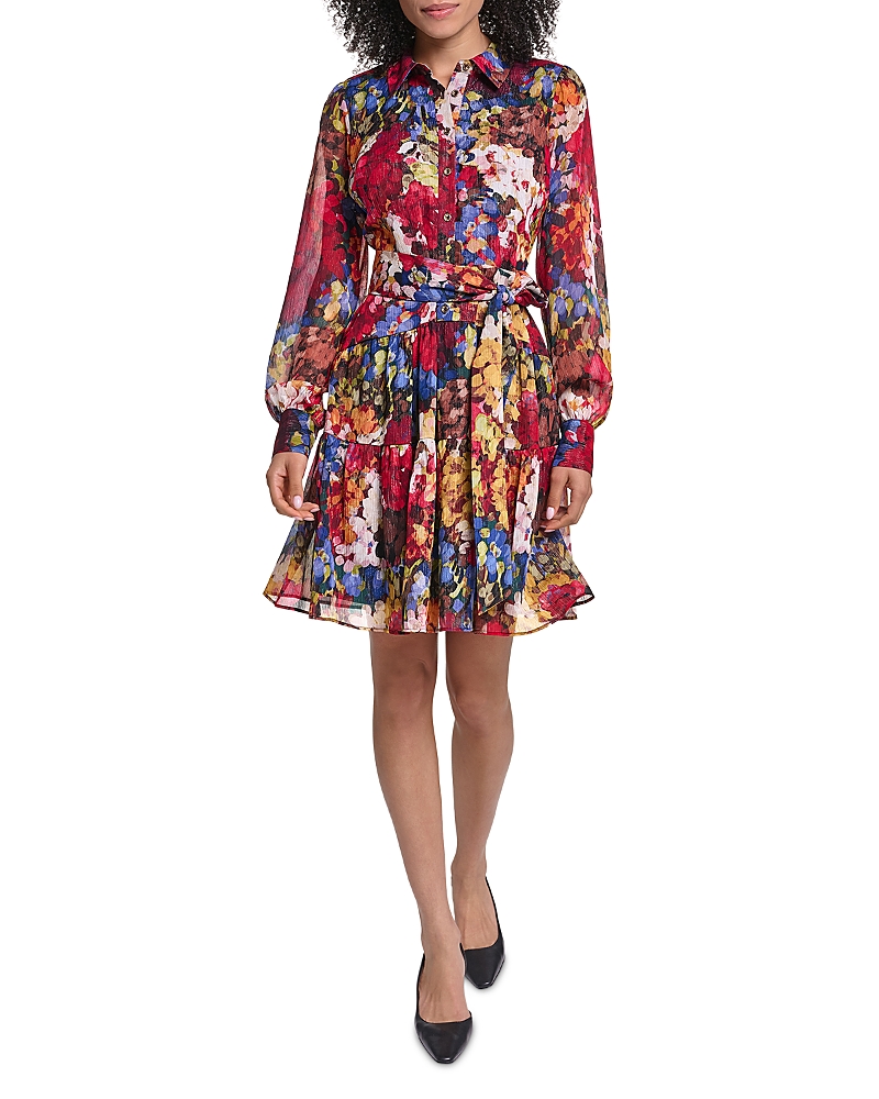 Karl Lagerfeld Paris Floral Print Long Sheer Sleeve Tie Waist Shirt Dress