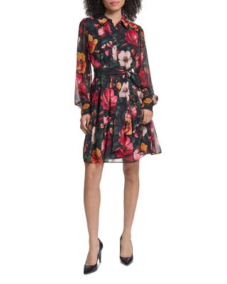 Floral Print Sheer Long Sleeve Tie Waist Shirt Dress