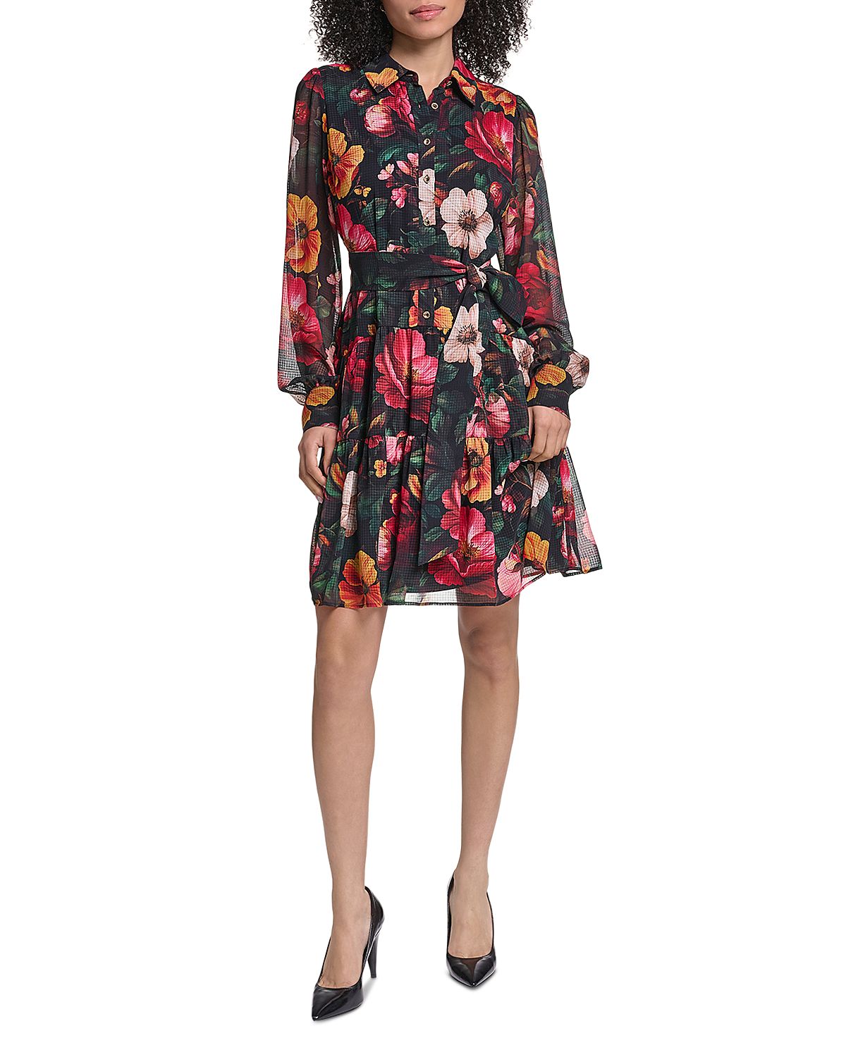 Karl Lagerfeld Paris Floral Print Sheer Long Sleeve Tie Waist Shirt Dress