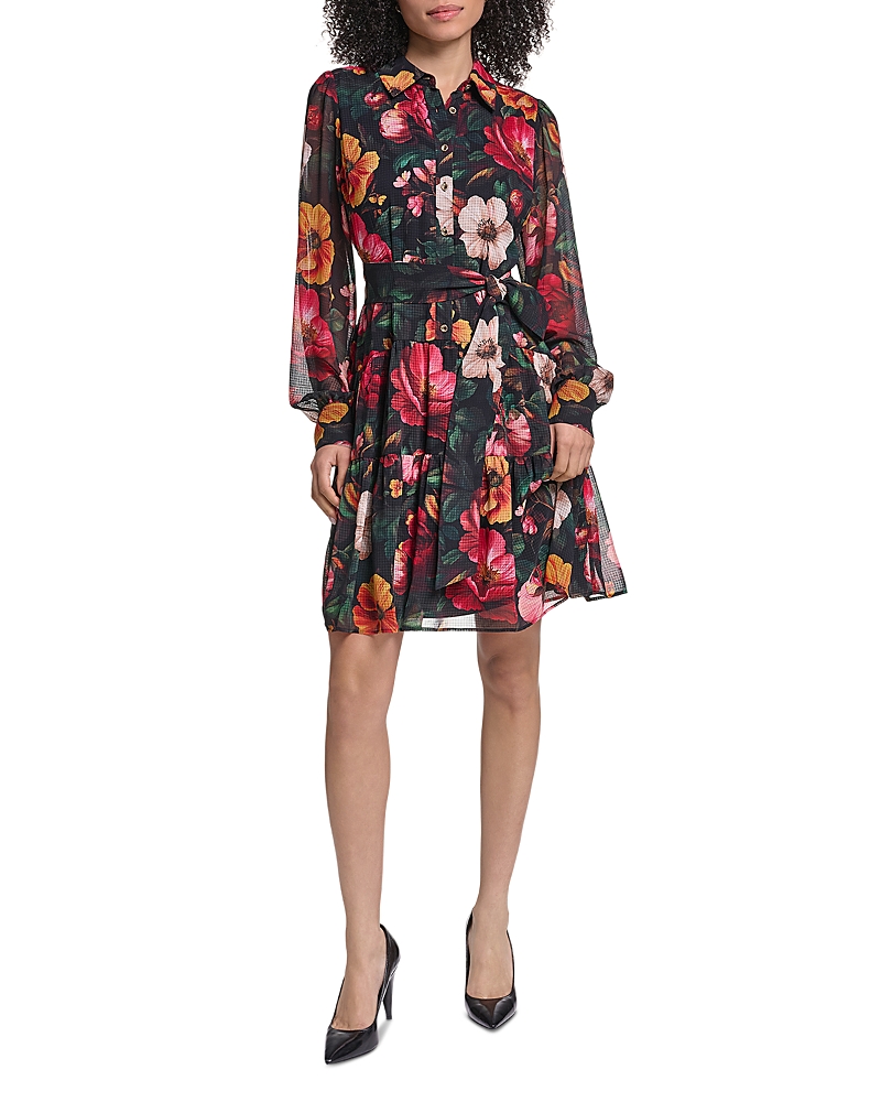 Karl Lagerfeld Paris Floral Print Sheer Long Sleeve Tie Waist Shirt Dress