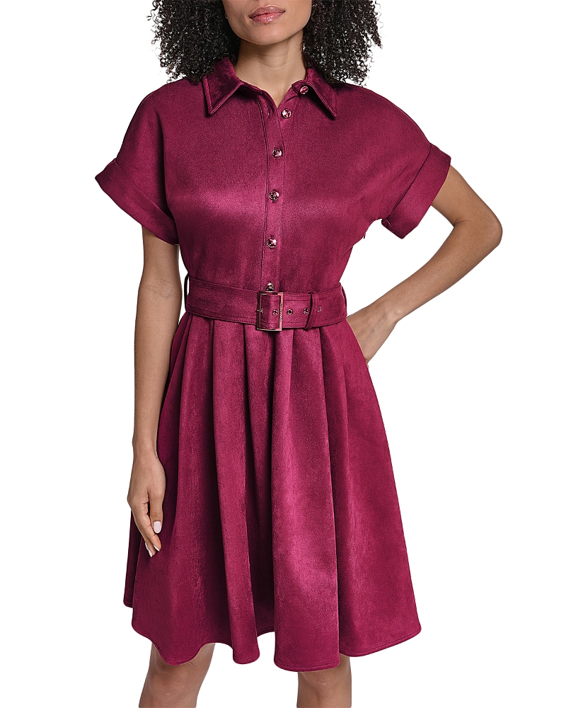 Karl Lagerfeld Paris Belted Faux Suede Pleated Skirt Shirt Dress